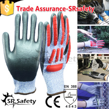 SRSAFETY 13G nylon and glassfibre and HPPE liner coated black nitrile on palm,TPR chips on back,safety anti-impact working glove